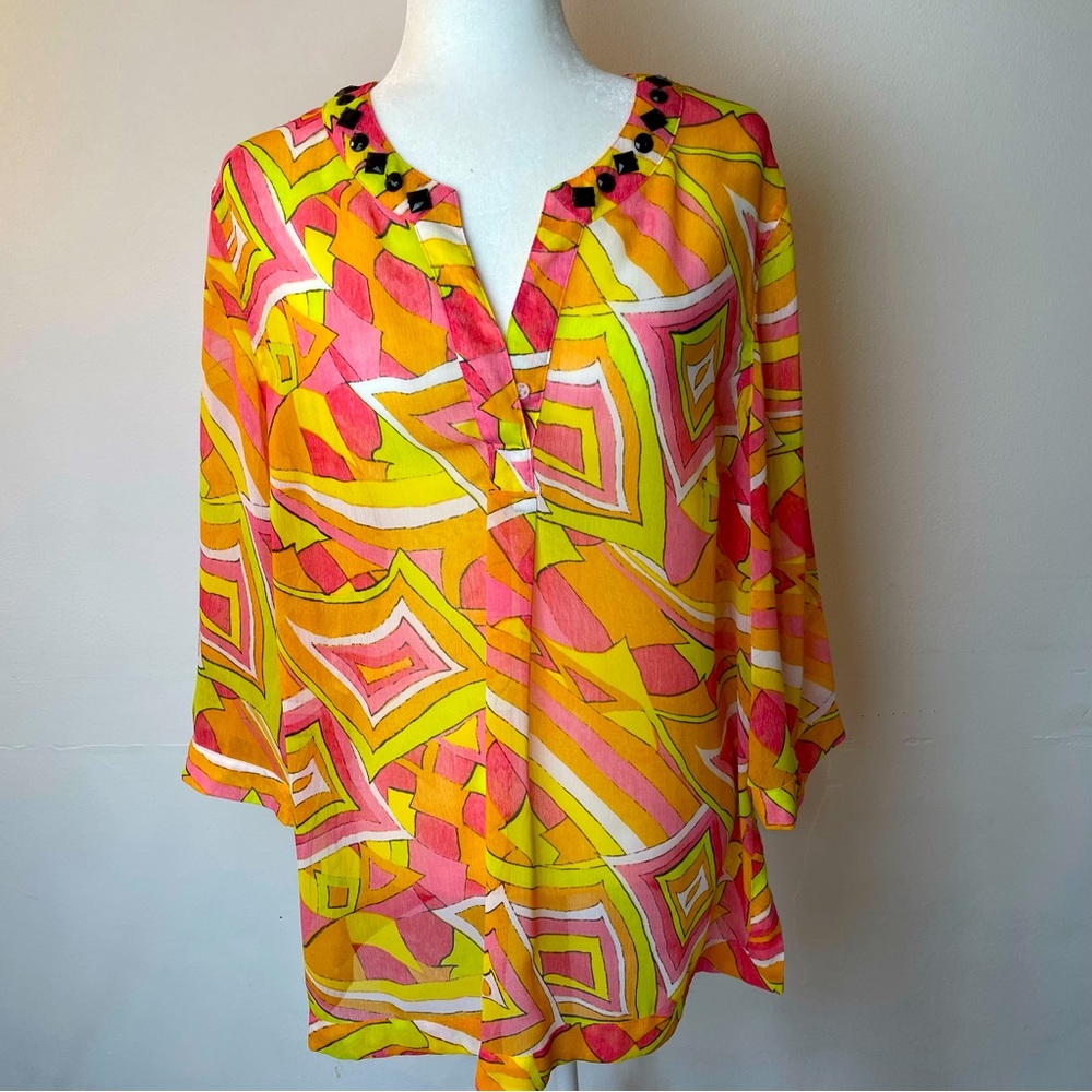 Evan Picone Sheer Vibrant V-neck Gem Lined 3/4 Sleeve Blouse Top Womens Size 14
